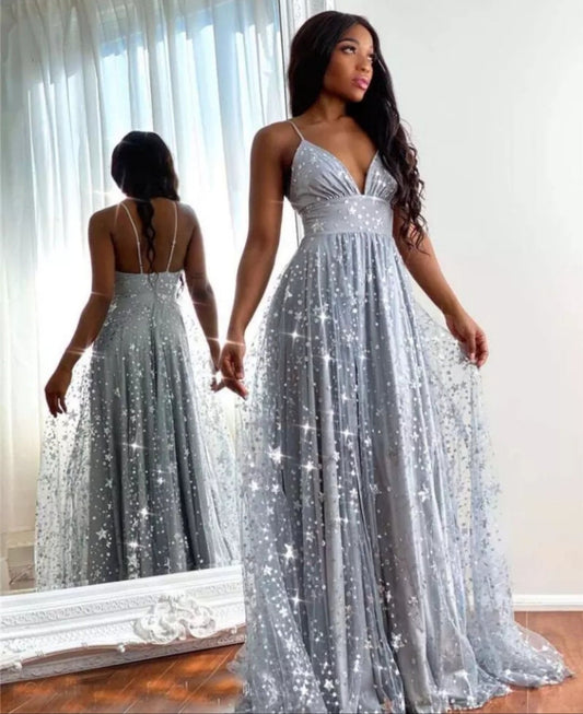 Spaghetti Strap Celestial Glitter Tulle Dress