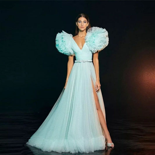 Tulle Big Puff Sleeve V-Neck Ruffled Hem Dress