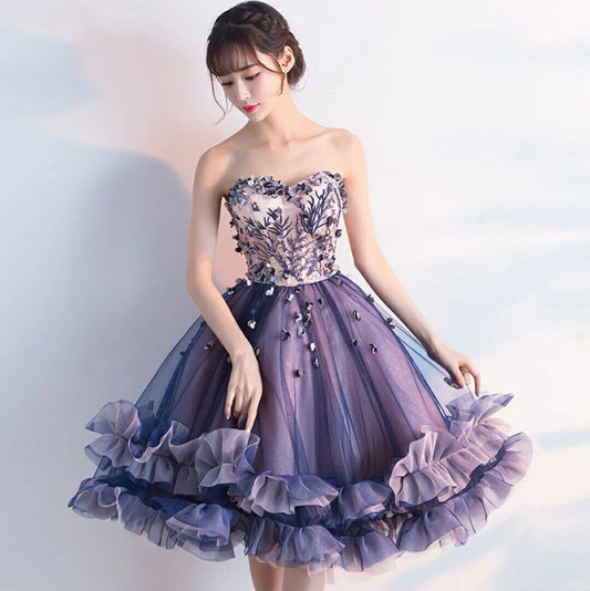 Strapless Purple A-Line Ruffles & 3D Floral Appliqués Prom/Homecoming Dress
