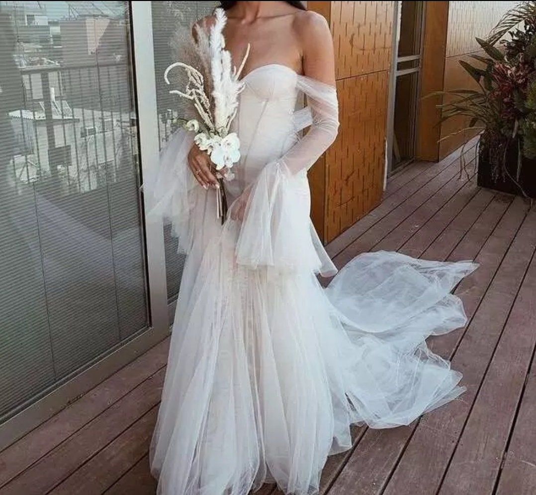 Sheer Long Sleeve Flair Boho Pleated Sweetheart Gown