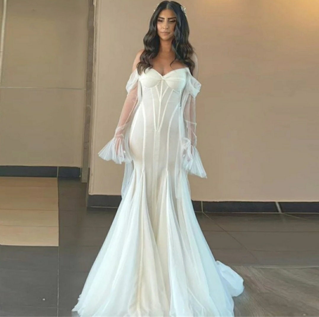 Sheer Long Sleeve Flair Boho Pleated Sweetheart Gown