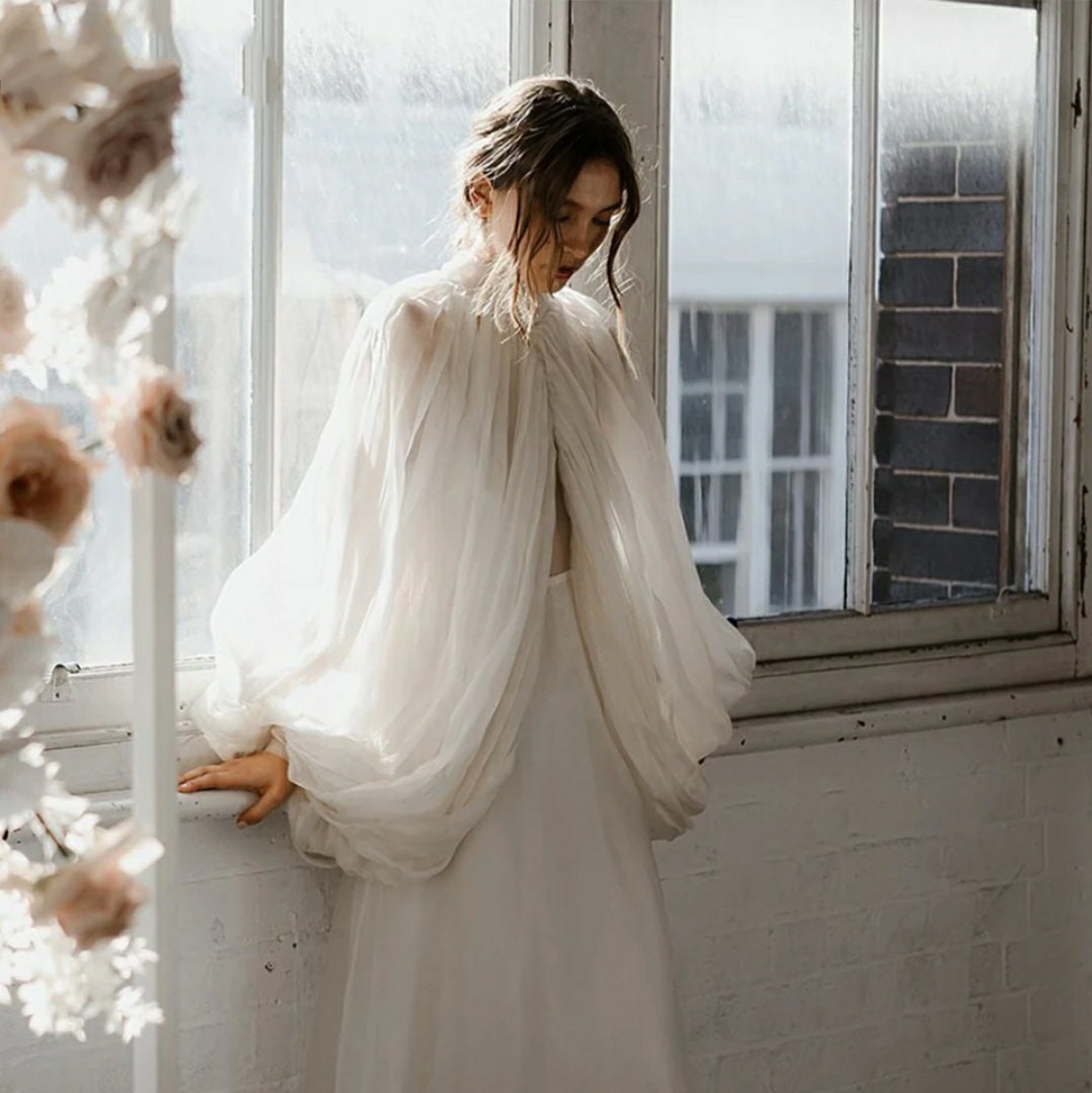 Silk Chiffon Lantern Puff Halter Style Full Detachable Bridal Sleeves