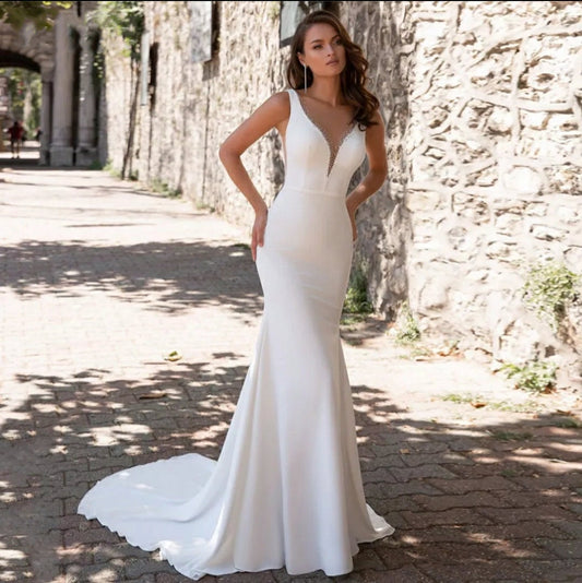 Soft Satin Deep V Neck Beaded Embellished Trumpet Gown With Sweep Train