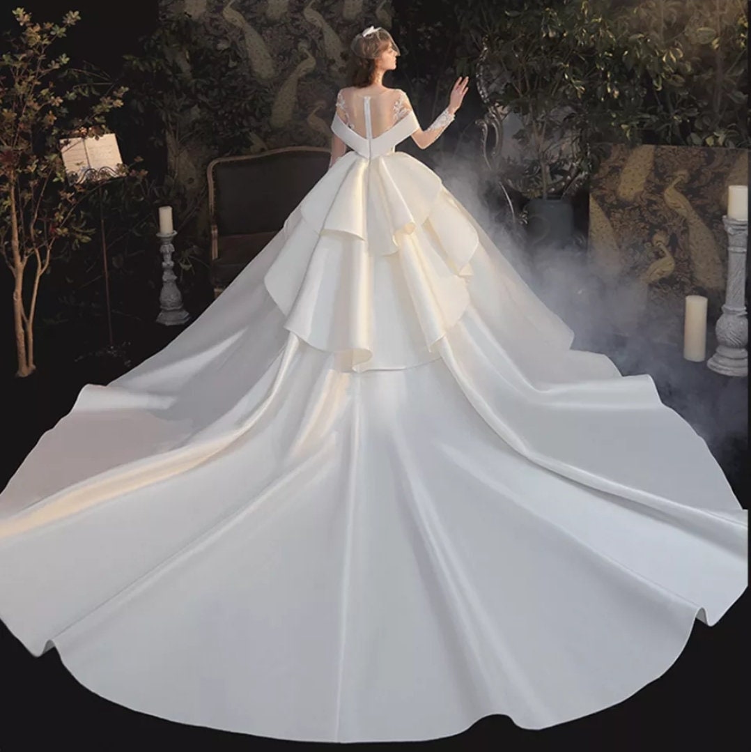 Satin Beading & Appliqués Illusion Criss Cross Gown With Chapel Train