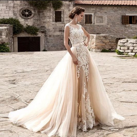 Sleeveless Tulle & Lace Beaded Gown With Detachable Belted Court Train