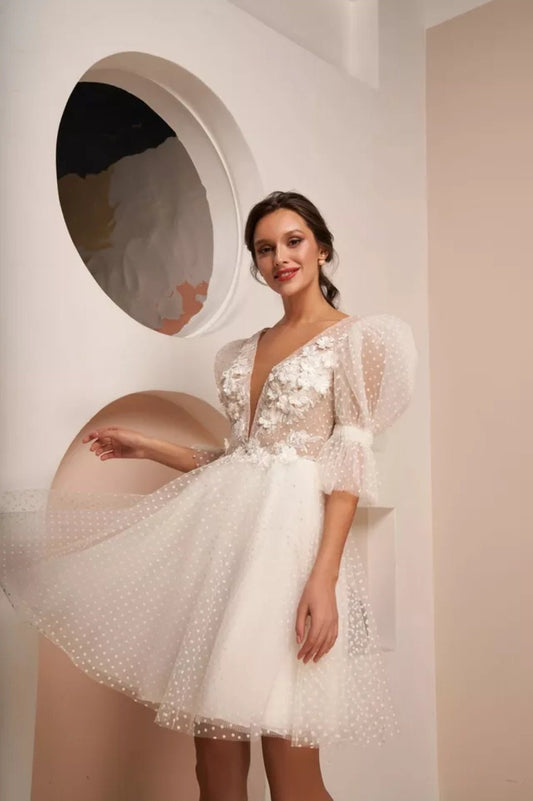 Dotted Tulle & 3D Floral Appliqués Mini Dress With Half Puff Sleeves