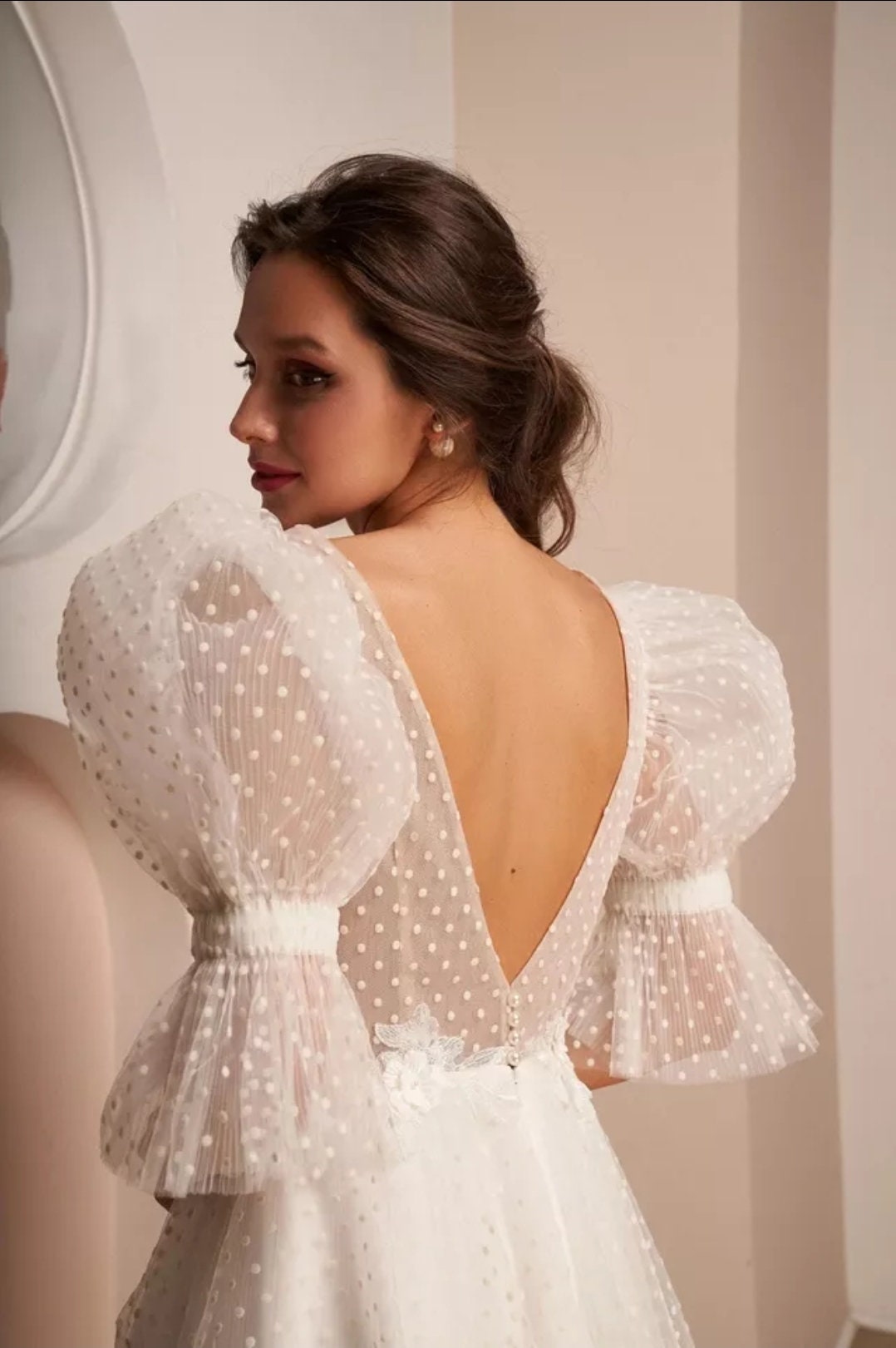 Dotted Tulle & 3D Floral Appliqués Mini Dress With Half Puff Sleeves