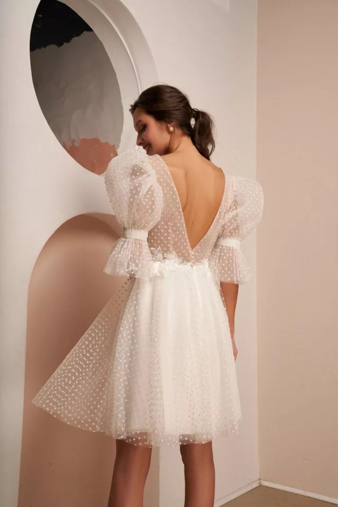 Dotted Tulle & 3D Floral Appliqués Mini Dress With Half Puff Sleeves