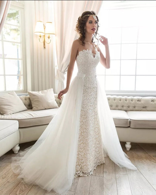 Strapless Sweetheart Style Full Lace Gown With Detachable Train Skirt