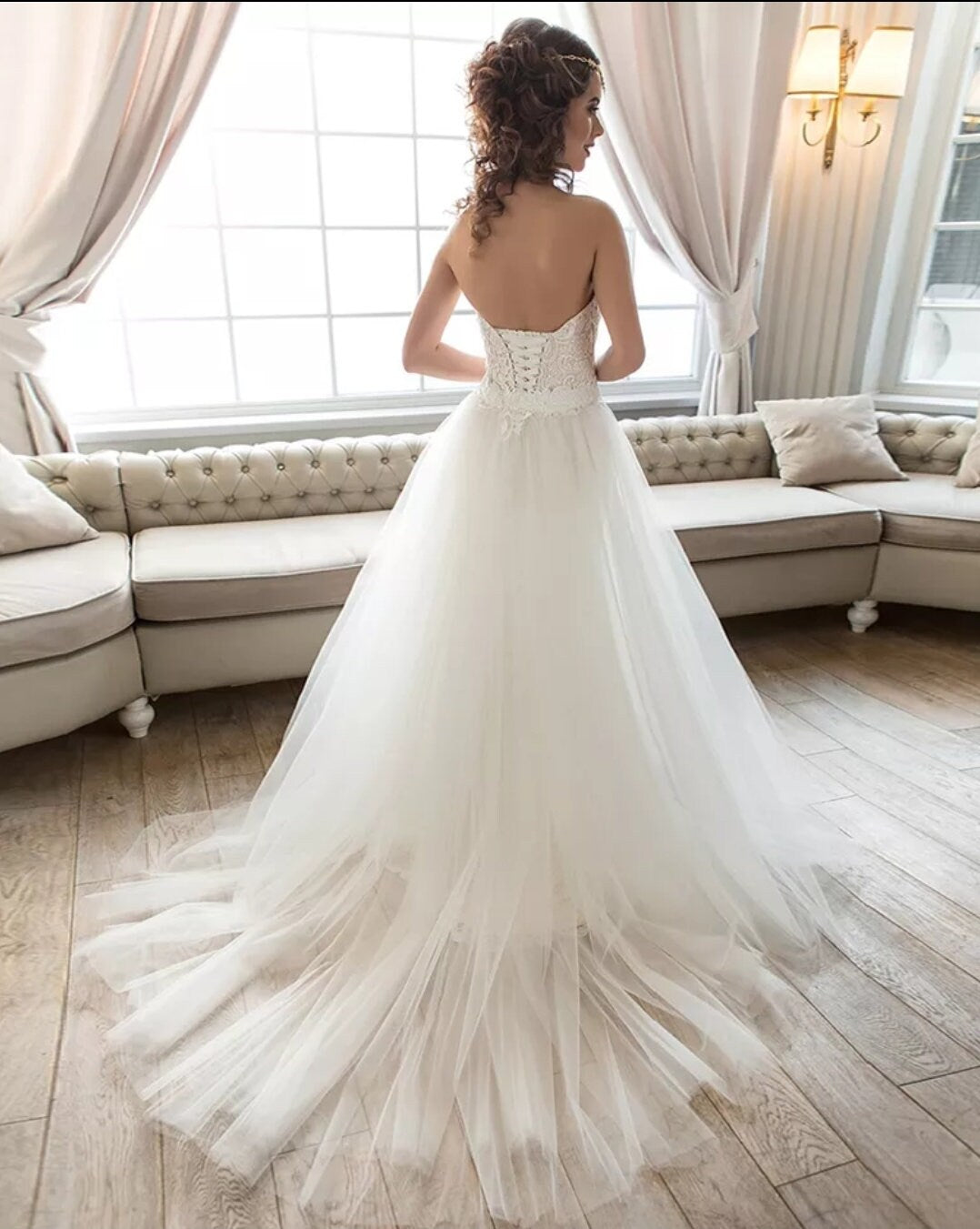 Strapless Sweetheart Style Full Lace Gown With Detachable Train Skirt