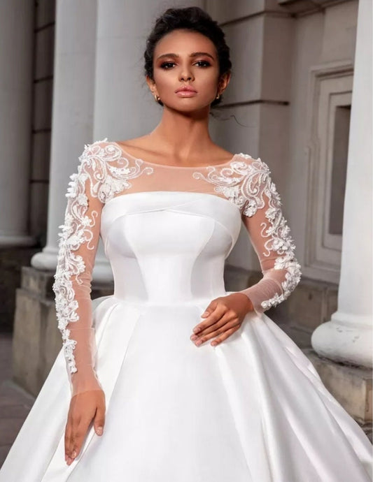 Satin Illusion Whimsical Floral Appliqués Gown
