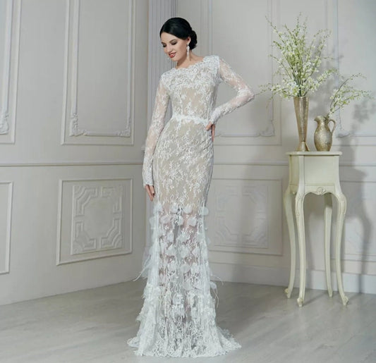 Delicate Floral Lace & Feather Drop Dress
