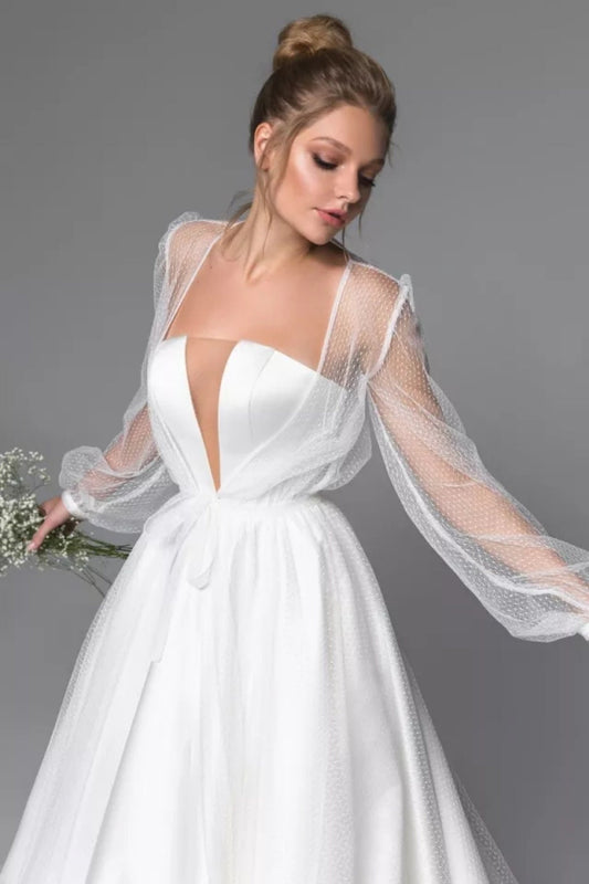 Strapless Satin Illusion V Neck Gown With Detached Sheer Dotted Long Sleeve Bolero