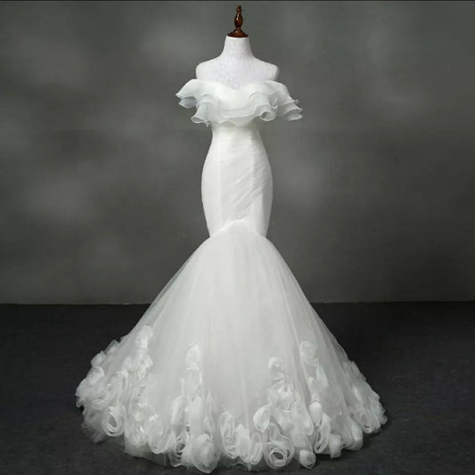 Silky Organza Pleated Ruffled Off The Shoulder Mermaid Gown