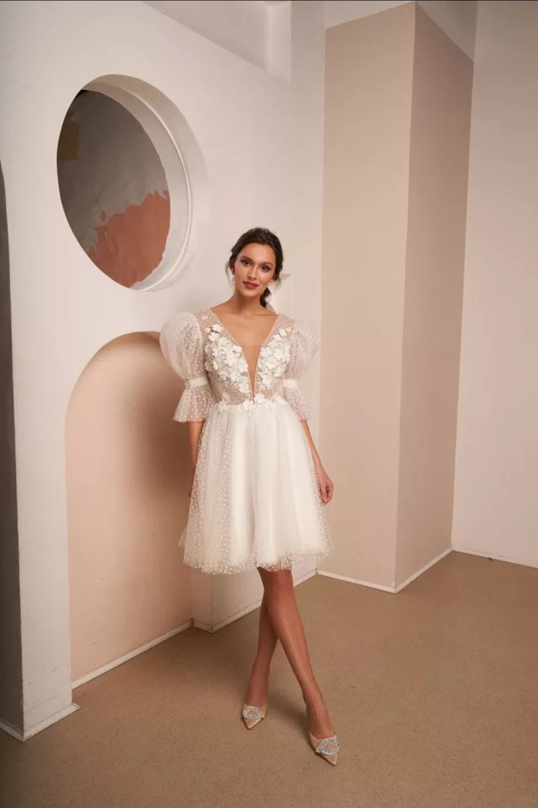 Dotted Tulle & 3D Floral Appliqués Mini Dress With Half Puff Sleeves