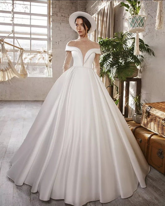Satin Pearl Beaded Illusion Neck And Sleeve Gown