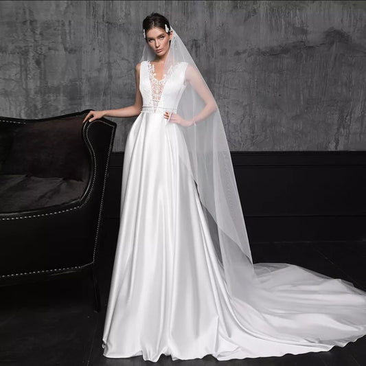 Simple Satin Beaded Lace Illusion Deep V Neck Sheath Gown