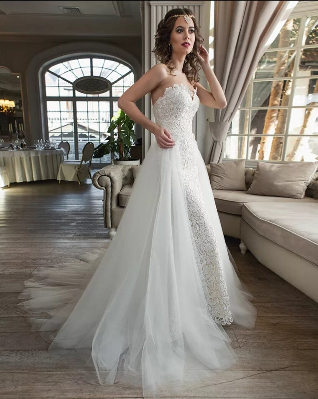 Strapless Sweetheart Style Full Lace Gown With Detachable Train Skirt