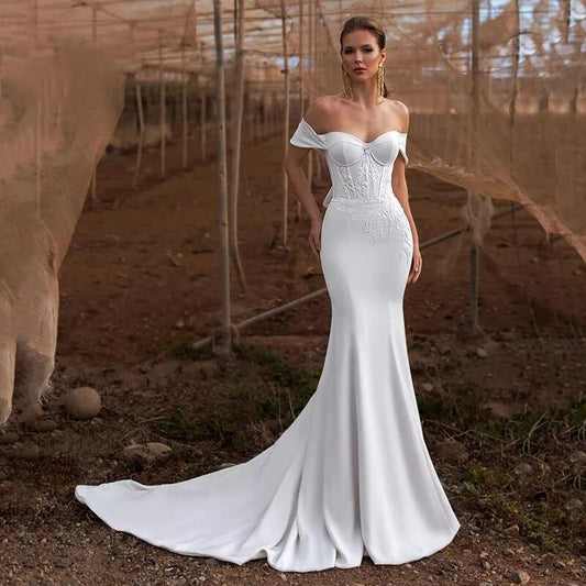 Simple Off The Shoulder Satin Corset Bowknot Back Trumpet Gown