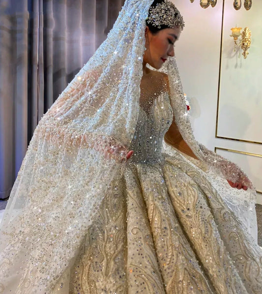 Full Pearl Beaded & Sequin Princess Appliqué Lace Veil
