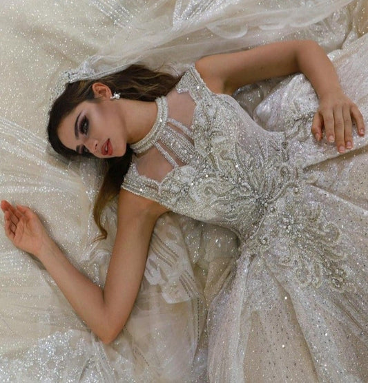 Sleeveless Elegance Princess Collared Sweetheart Beaded Sequin Gown