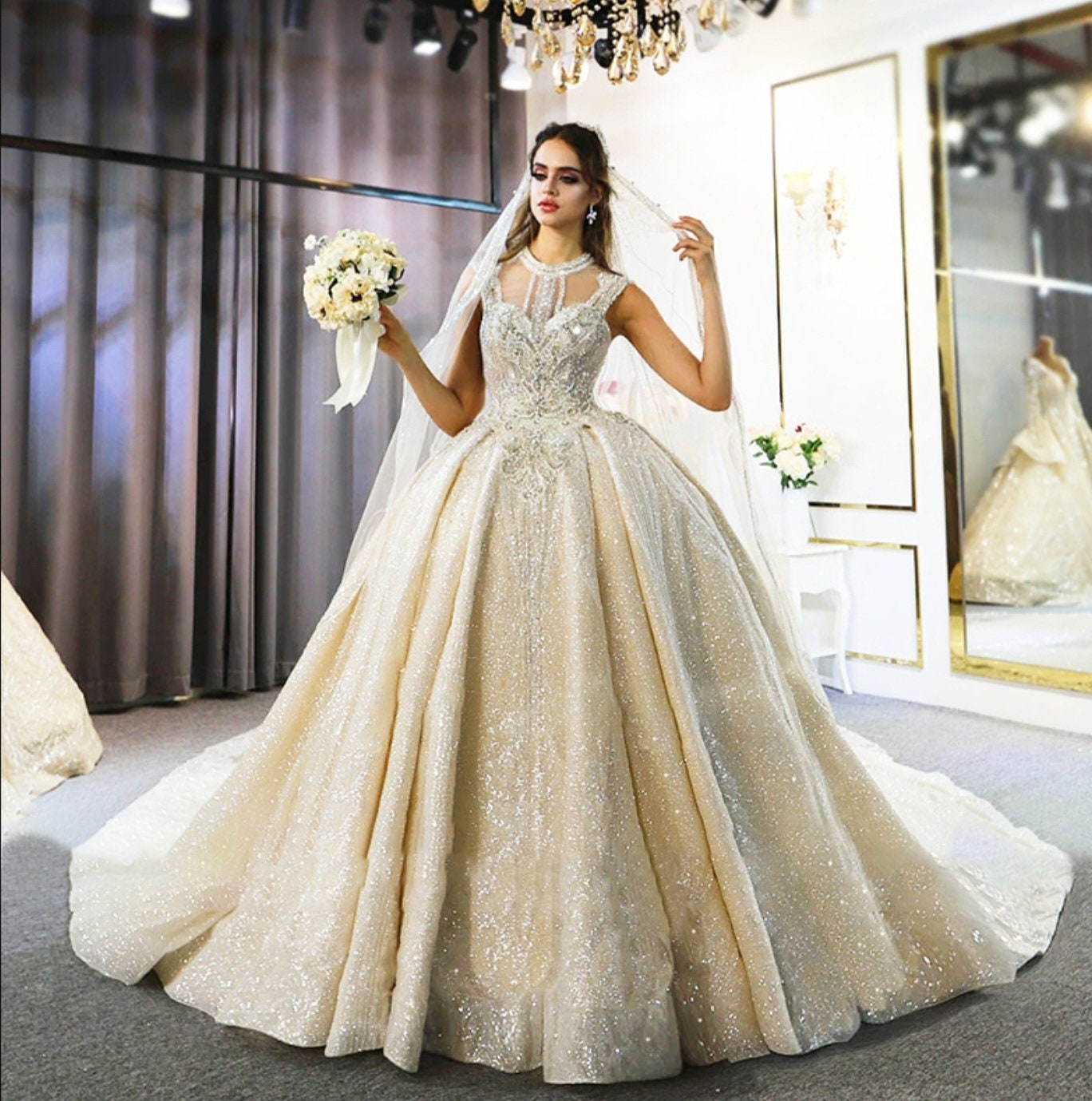 Sleeveless Elegance Princess Collared Sweetheart Beaded Sequin Gown