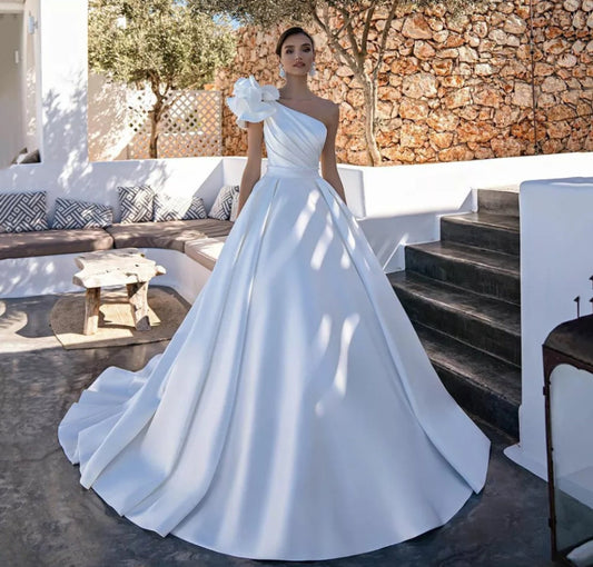 Beaded Trim Satin One Shoulder A-Line Gown With Detachable Shoulder Flower Accent