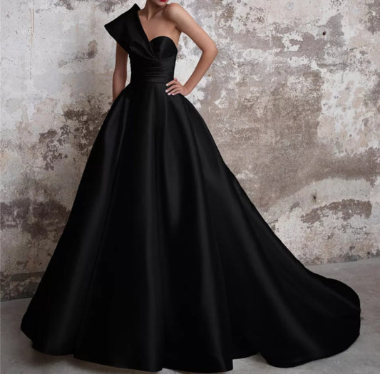 Satin A-Line One Shoulder Sweetheart Dress With Sweep Train
