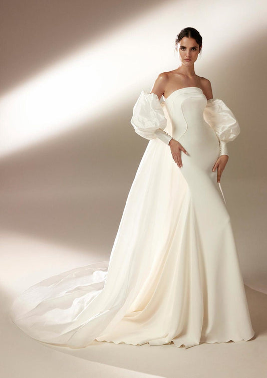 Strapless Bodice Trumpet Gown With Detached Vintage Style Sleeves And Cape