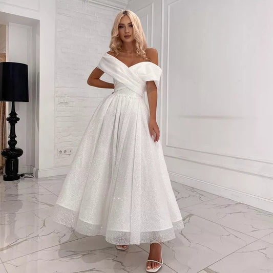 Tea Length Glitter Tulle Off The Shoulder Dress
