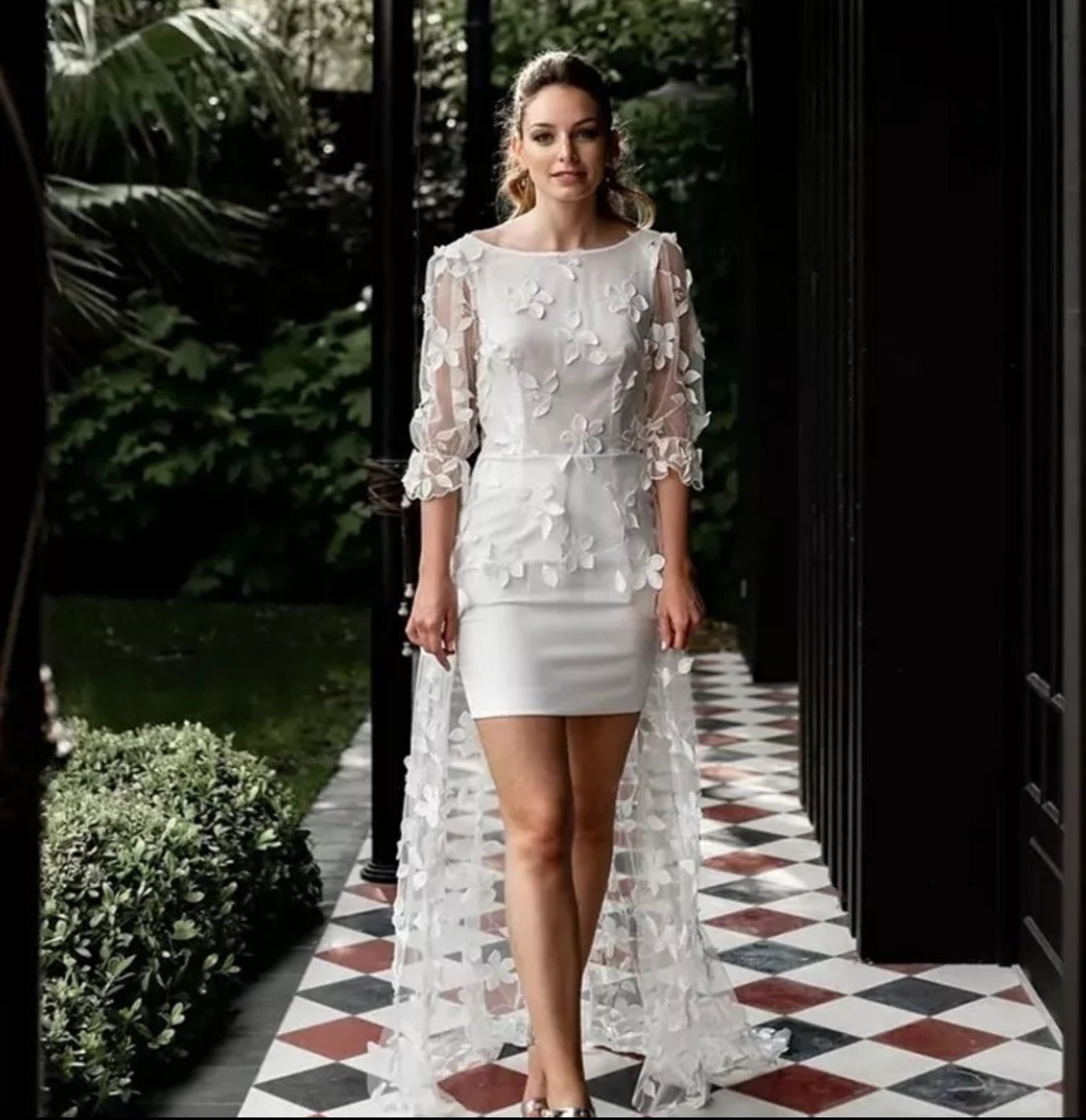 Short Satin Sheath Wedding Dress With High Low Lace Overlay WenLeeBridal Short Satin Sheath Wedding Dress With High Low Lace Overlay WenLeeBridal