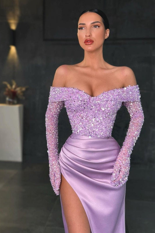 Sequins & Satin Evening Dress With Matching Gloves