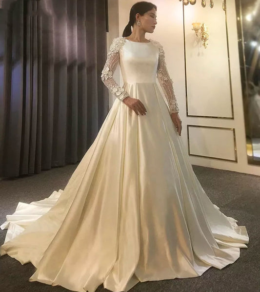 Satin A-Line Wedding Gown With Full Lace 3D Floral Appliqués & Sequin Sleeves