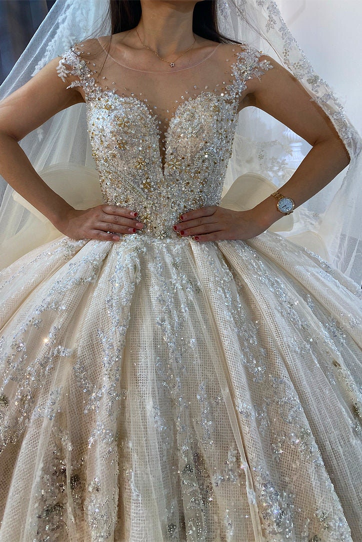 Floral Beaded Appliqué Princess Ball Wedding Gown With Dramatic Full Tiered Ruffled Train