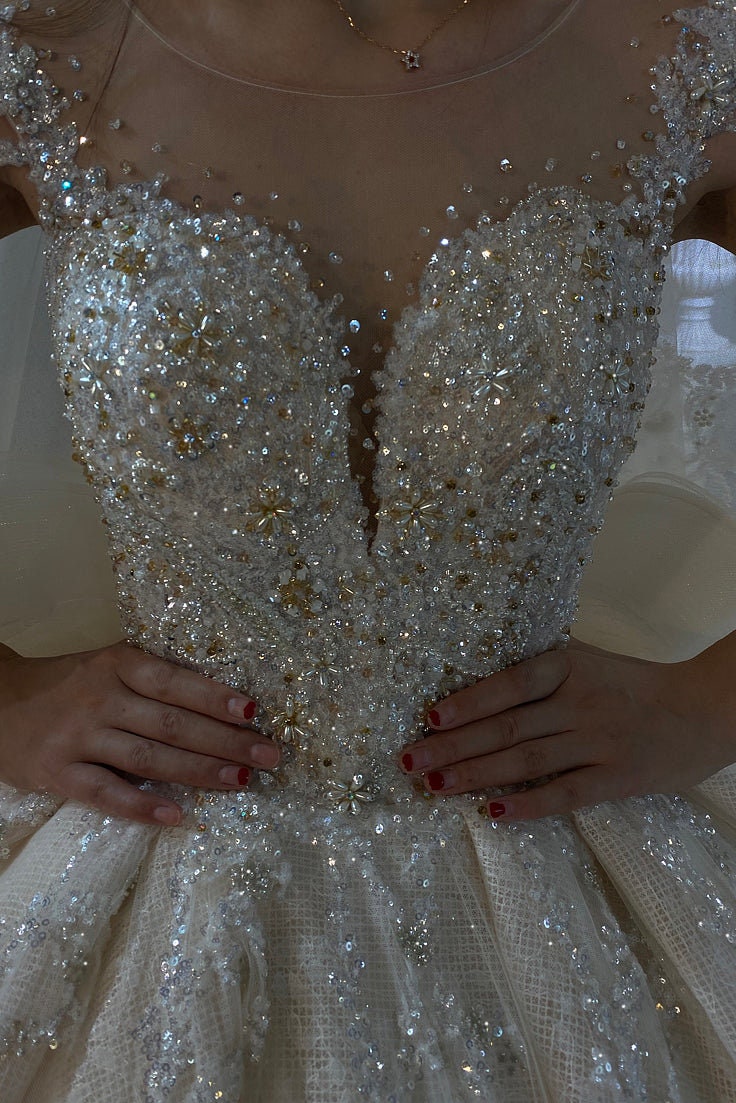 Floral Beaded Appliqué Princess Ball Wedding Gown With Dramatic Full Tiered Ruffled Train