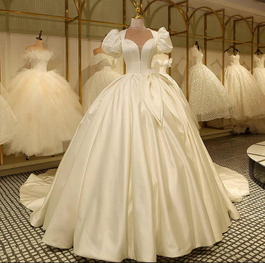 Elegant Pearl Embellished  Trim Vintage Satin Puffed Sleeve Wedding Ball Gown