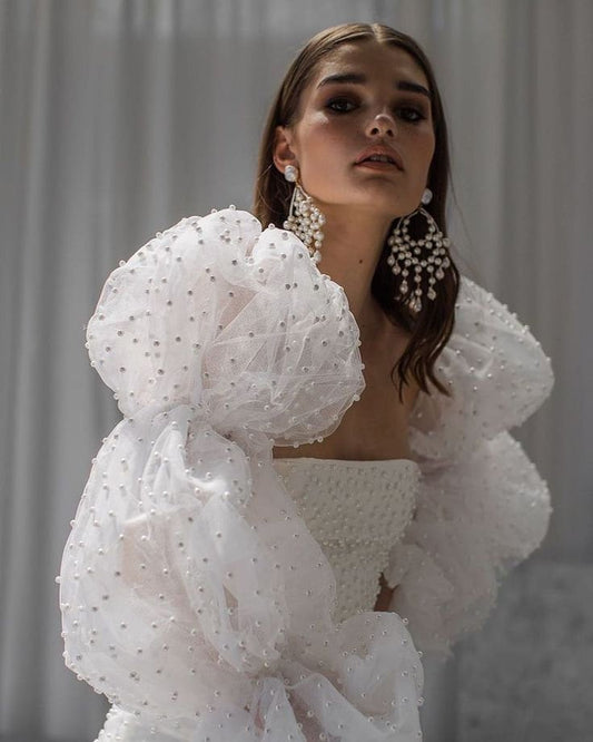 Ivory Pearl Beaded Detachable Long Bridal Sleeves - Elegant Customized Wedding Dress Accessories